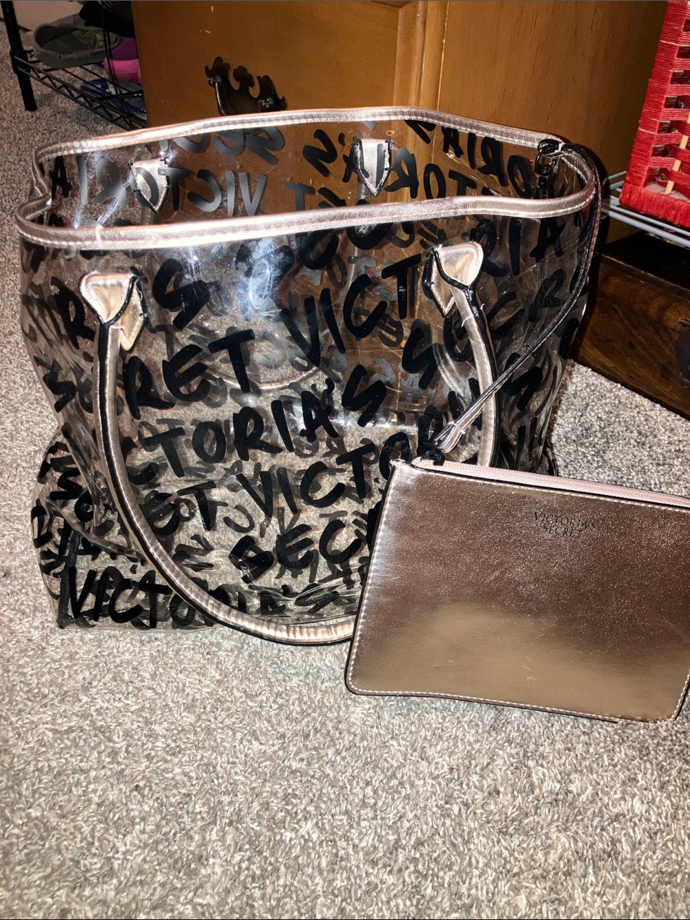 Victoria's Secret Clear Tote with Black Logo and Metallic Rose Gold Pouch 14”